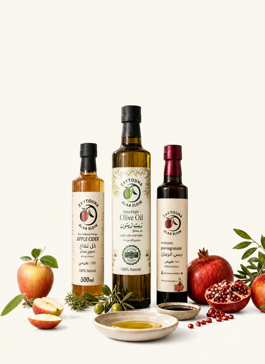 Healthy lifestyle bundle with olive oil, raw apple cider vinegar, and pomegranate molasses