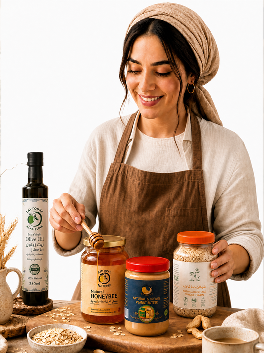 Energetic breakfast bundle with oats, honey, peanut butter, and olive oil