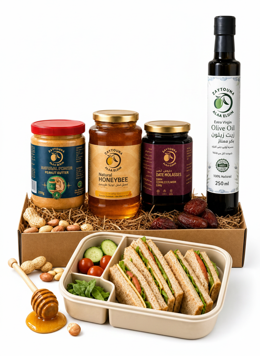 Launch box bundle with peanut butter, honey, date molasses, and olive oil